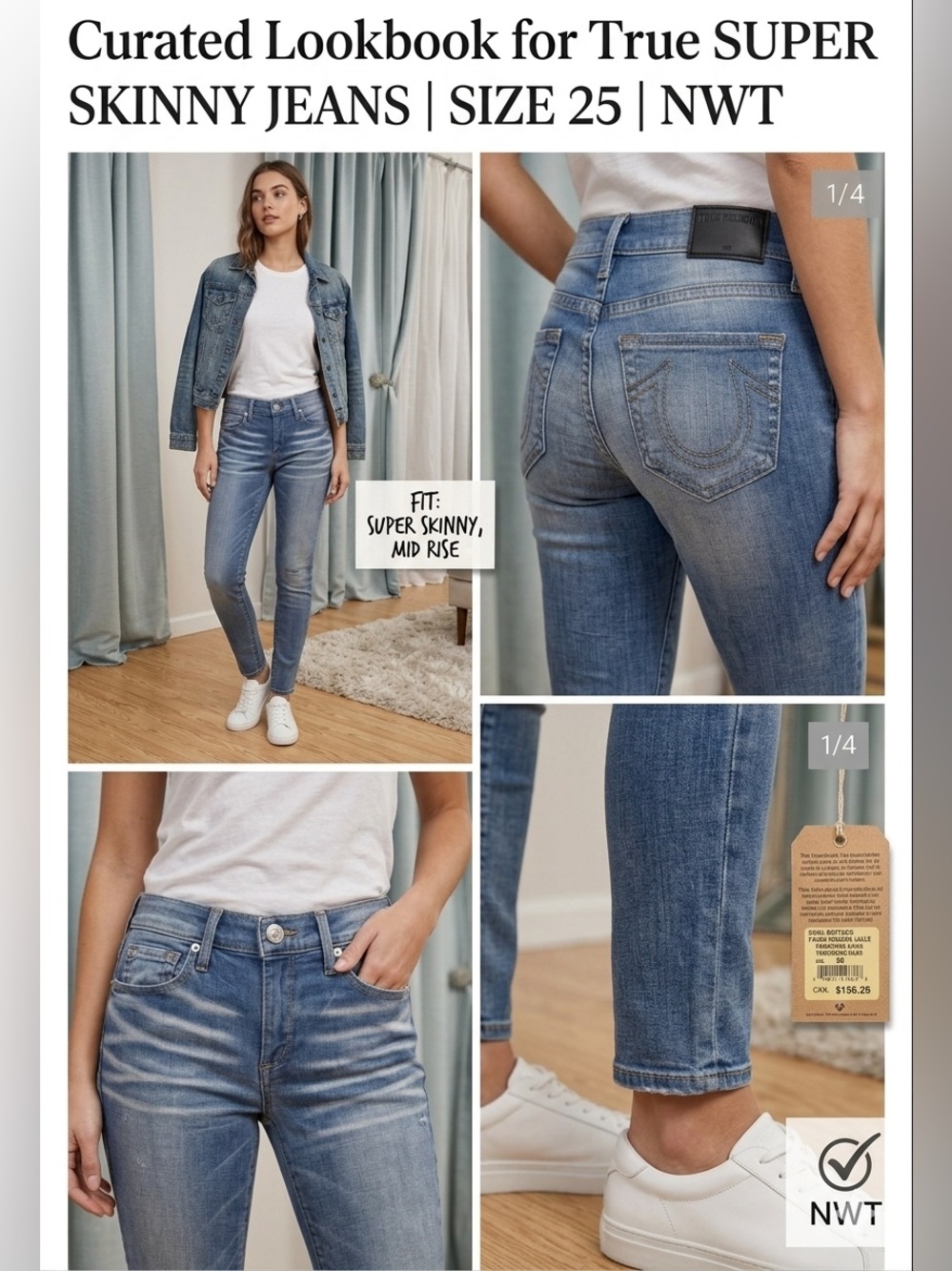 True Religion Halle Mid Rise Super Skinny Jeans | Size 25 | NWT